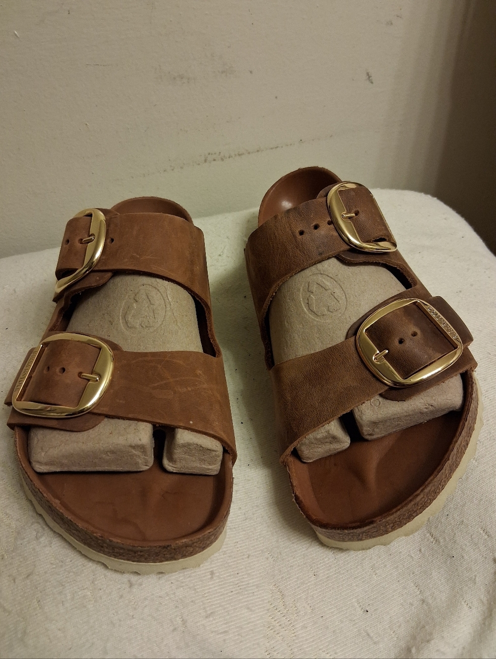 Unisex Double Gold Buckle Brown Leather Slide Sandals 39 250 L8 M6 German Made - Picture 2 of 16